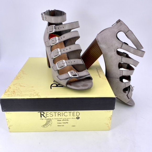 Restricted In Box Joyful Taupe (gray) Buckle Multi-strap 3.5 inch Block Heels - Picture 2 of 12